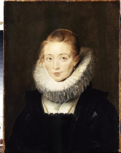 インファンタ イザベラ (1566-1633) の女官の肖像。 いちごの首輪をしている。 (インファンタ イザベラを待つ女性の肖像)。 Peter Paul (Pierre-Paul) Rubens (または Peter Paul または Petrus Paulus) (1577-1640) による絵画。 油蘇 作： Peter Paul Rubens