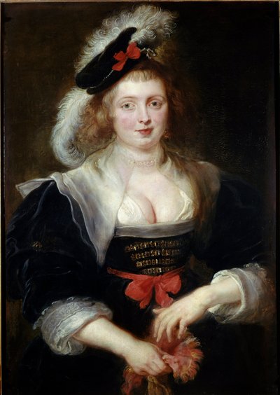 ヘレーヌ・フルマン（1614-1673）の肖像、手袋の中の画家の妻の肖像。ピエール・ポール（Pierre-Paul）・ルーベンス（またはPeter PaulまたはPetrus Paulus）（1577-1640）の絵画 1630-1631 薄暗い。96.6×69.3cmアルテ・ピナコテーク、バイエリッシュ・スタッツゲマエルデザムルング 作： Peter Paul Rubens