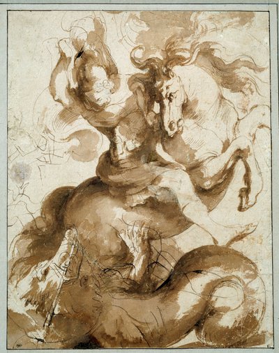 ドラゴンを殺す聖ゲオルギウスピエール・ポール（Pierre-Paul）・ルーベンス（またはPeter PaulまたはPetrus Paulus）（1577-1640）のデッサン Ec.Flam. 作： Peter Paul Rubens