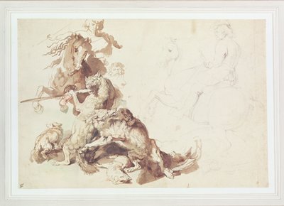 狼狩りのスケッチ（紙に水彩の鉛筆） 作： Peter Paul Rubens