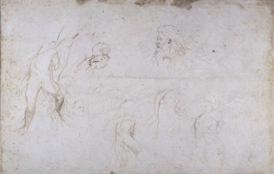 木に縛られた男性像と二人の男性の頭の習作 1601年頃 紙にペンとインク 作： Peter Paul Rubens