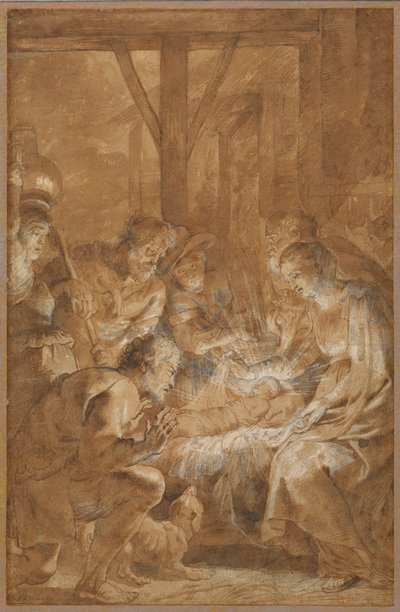 羊飼いの礼拝、c.1613-4（茶色のウォッシュと白いガッシュのペンと茶色のインク） 作： Peter Paul Rubens
