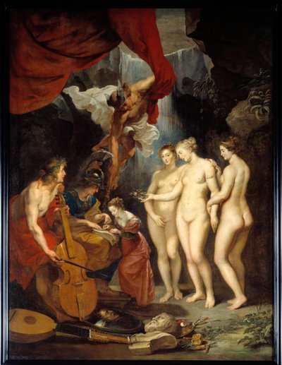 メディシス家のマリアの教育 若き王妃メディシス家のマリア（1573-1642）が、ミネルバ、マーキュリー、アポロ、三女神の間で教育を受けている様子を表したアレゴリー。ピエール・ポール（Pierre-Paul）・ルーベンス（またはPeter PaulまたはPetrus Paulus）の絵画（15 作： Peter Paul Rubens