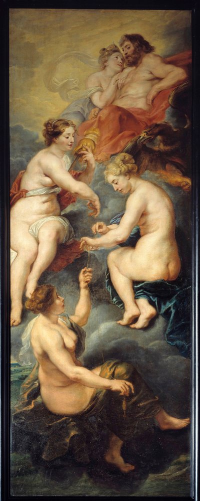 メディシス家のマリアの運命を紡ぐパルケたち（1573-1642） パルケたち、クロト、ラケシス、アトロポスは、人間の運命を司る神々である。ピエール・ポール（Pierre-Paul）・ルーベンス（またはPeter PaulまたはPetrus Paulus）（1577-1640）の絵画 17世紀。D 作： Peter Paul Rubens