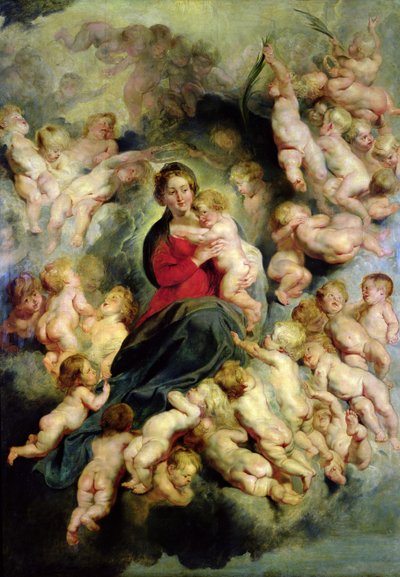 聖なる罪のない人々に囲まれた聖母子、または天使を持つ聖母、1618年 作： Peter Paul Rubens