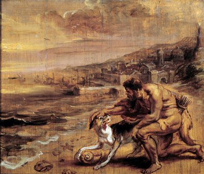 紫色の発見 赤色のチンキを出す貝（Murex）を犬のおかげで発見したPhenician。Pierre Paul (Pierre-Paul) Rubens (or Peter Paul or Petrus Paulus) (1577-1640) 17世紀の太陽による洗浄画。0,28x0,34 m バイヨンヌ, Musee Bonnat 作： Peter Paul Rubens
