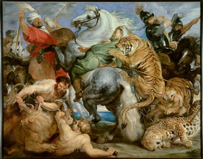 虎狩り。ピーター・ポール（Peter Paul）・ルーベンス（またはPeter PaulまたはPetrus Paulus）（1577-1640）の絵画）。Ec.Flam, 1616年頃。キャンバスに油彩。日：2,56 X 3,24m。レンヌ、美術館 - 虎狩り。ピーター・ポール・ルーベンス（またはペトルス・パウルス）の絵画（157 作： Peter Paul Rubens