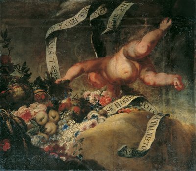 花、果物、バナー付きプットー 作： Peter Strudel