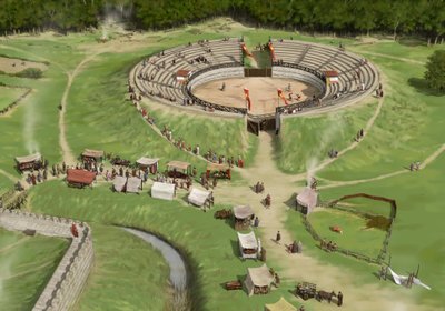 観客がシルチェスター ローマン シティ円形劇場に到着 c250 AD、c1990-2010 作： Peter Urmston