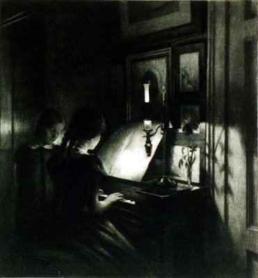 ピアノを弾く少女たち（メゾチント） 作： Peter Vilhelm Ilsted