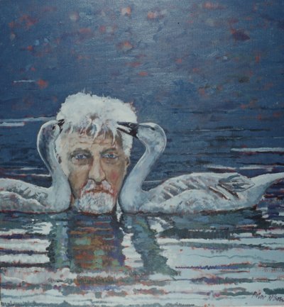 Conrad Lorenz with Goslings, 2000（キャンバスに油彩） 作： ピーター・ウィルソン