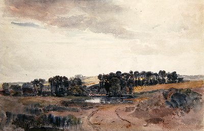 プールサイドの木と牛のある風景（水彩・紙） 作： Peter de Wint