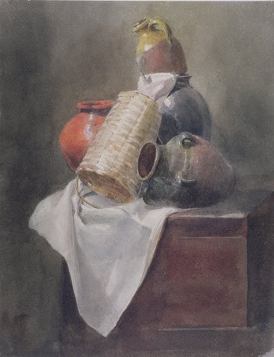 静物：胸の上の鍋、バスケット、布（紙の上のグラファイト上の水彩画） 作： Peter de Wint