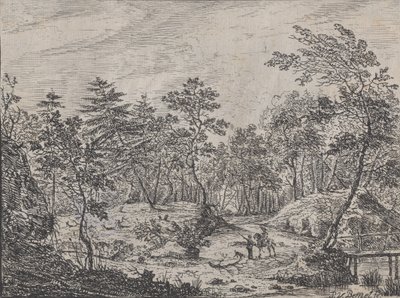 中央に男性と会話するライダー、右側に歩道橋がある森の風景、1716年。 作： Peter von Bemmel