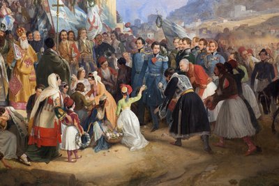 ギリシャ王オトン1世（1815-1876）がアゴラのヘパイストス神殿（Hephaisteion）（ヘパイストス）またはテセイオンの前で群衆に迎えられてアテネスに入場した時の様子（ギリシャ 作： Peter von Hess