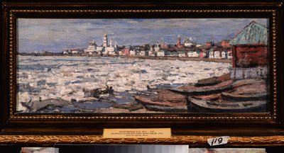 ヤロスラヴリ (ロシア) 近くのヴォルガ川の流氷。 Pyotr Ivanovich Petrovichev (Piotr Petrovichev) (1874-1947) の作品、ボール紙に油彩 作： Petr Ivanovic Petrovichev
