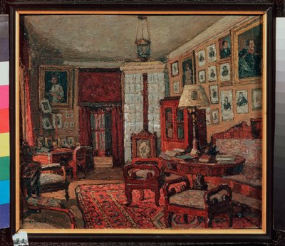E. Boratynsky (Evgueni Baratynski) の家 (1800-1844) の読書室。 Pyotr Ivanovich Petrovichev（Pyotr Petrovichev）（1874-1947）による絵画、キャンバスに油彩 作： Petr Ivanovic Petrovichev