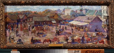 プスコフ (ロシア) の市場。 Pyotr Ivanovich Petrovichev (Piotr Petrovichev) (1874-1947) の作品、厚紙に油彩 作： Petr Ivanovic Petrovichev