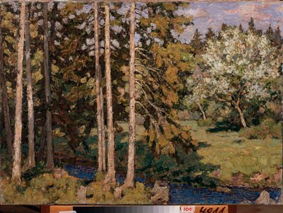 5月のりんごの木。 Pyotr Ivanovich Petrovichev (Pyotr Petrovichev) (1874-1947) による絵画、キャンバスに油彩。 ロシア美術、20世紀の風景、モダニズム。 地域アート ギャラリー、チェリャビンスク (ロシア)。 作： Petr Ivanovic Petrovichev