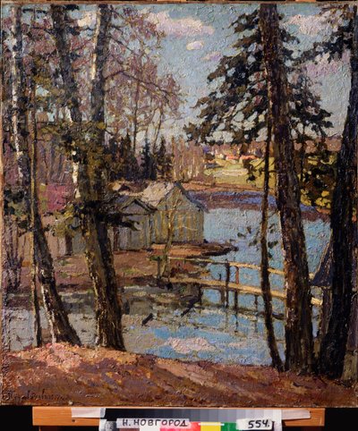 春。 池で。 Pyotr Ivanovich Petrovichev（Pyotr Petrovichev）（1874-1947）による絵画、キャンバスに油彩 作： Petr Ivanovic Petrovichev