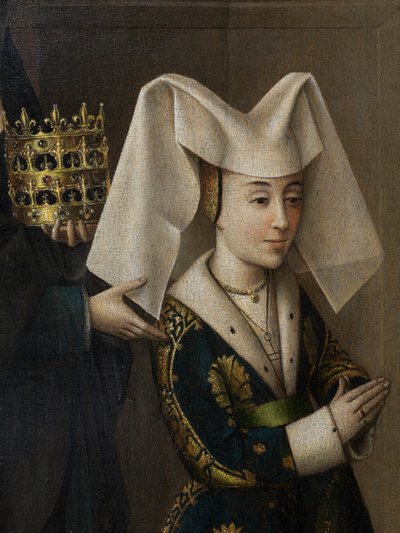 ポルトガルのイザベラと聖エリザベスの詳細、1457〜60年頃（キャンバスに油彩） 作： Petrus Christus