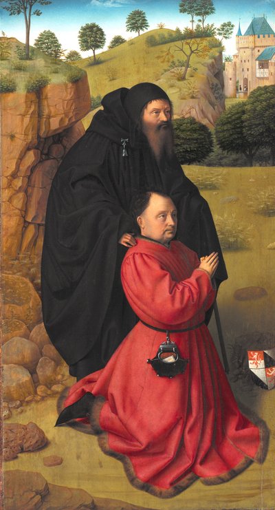 聖アントニオの保護下にある緋色の寄贈者の肖像画が描かれた祭壇パネル 作： Petrus I Christus