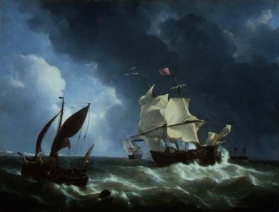 嵐の中で錨を降ろすオランダのフリゲート船（油彩・パネル） 作： Petrus Johann Schotel