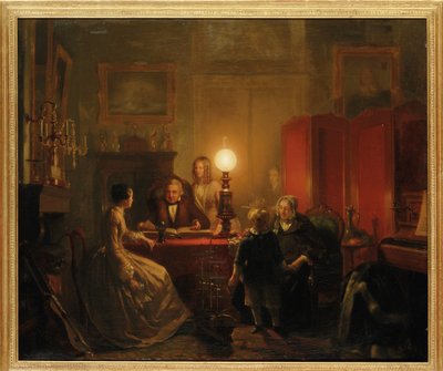 ランプライトテーブルに家族が集まった1854 作： Petrus Kiers
