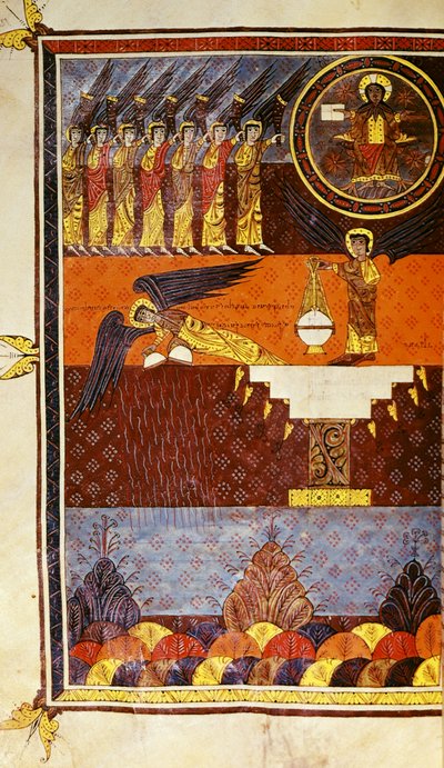 f.126 サント・ドミンゴ・デ・シロスの『ビートゥスの黙示録』より、トランペットを持った七人の天使 作： Petrus Petrus