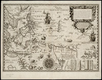 モルッカ諸島は、世界中に送るスパイスの量が最も多いことで有名です… 作： Petrus Plancius