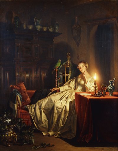 テーブルに座った女性がいるキャンドルライトインテリア、1865年 作： Petrus van Schendel