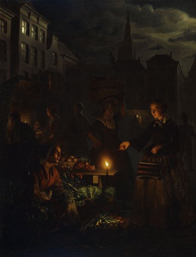 夜の市場シーン、 作： Petrus van Schendel