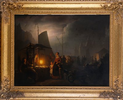 夜のマーケット広場、ブリュッセル、1870年 作： Petrus van Schendel