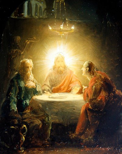 パンを裂くキリスト（油彩・パネル） 作： Petrus van Schendel