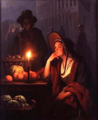 夜の市場の屋台（油彩・パネル） 作： Petrus van Schendel