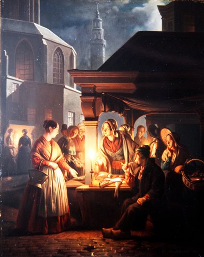 The Fish Stall（パネルに油絵） 作： Petrus van Schendel