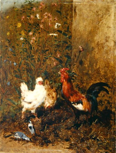 ニワトリと鳥（油彩・パネル） 作： Philibert Leon Couturier