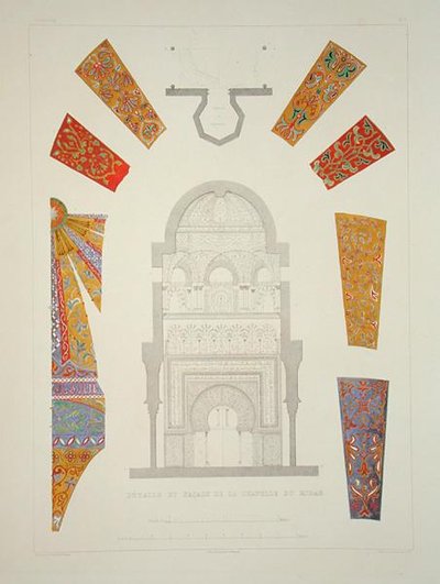ミラの礼拝堂の詳細とファサード（グラナダとアルハンブラの思い出）、Dumouzaの彫刻、1836-37年頃の出版物より（カラーリトグラフ 作： Philibert Joseph (after) Girault de Prangey