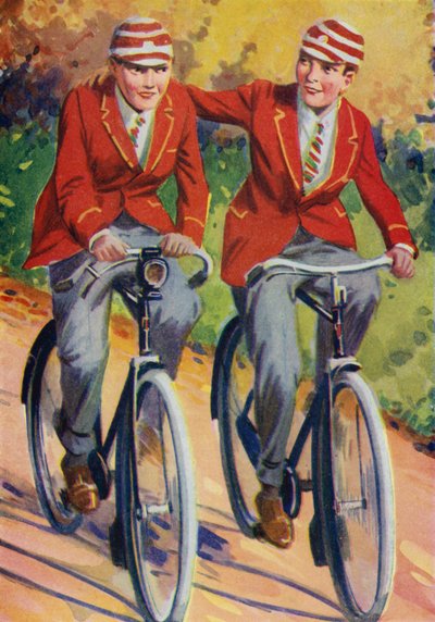 制服を着て自転車に乗る少年たち（カラーリトグラフ 作： Philibert Louis Debucourt