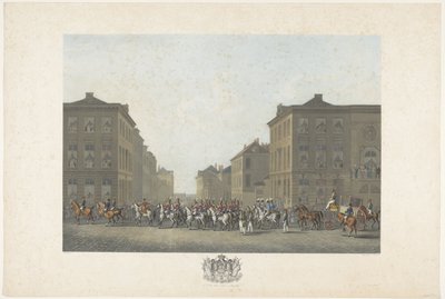 1815 年 9 月 21 日にブリュッセルで行われたウィリアム 1 世の就任式でのバンド 1815 年のウィレム 1 世のブリュッセルへの到着と就任式、およびカトル ブラとワーテルローの戦いを描いた 12 枚のプレート (シリーズ タイトル) 作： Philibert Louis Debucourt