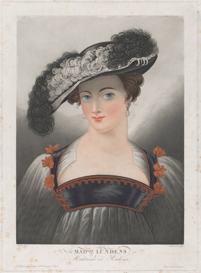 スザンナ・ランデンの肖像画、羽のついたつばの広い帽子をかぶっています。 1809-35.. 作： Philibert Louis Debucourt