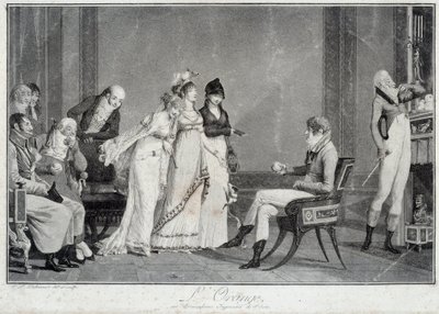 The orange or the modern judgment of Paris パリの判決のパロディ Directoire（信じられない）のファッションで若者が3つのWonderfulから選ぶように演出している。フィリベール・ルイ・デビュクール（1755-1832）の版画 1800年頃のパリ、カルナヴァ美術館蔵 作： Philibert Louis Debucourt