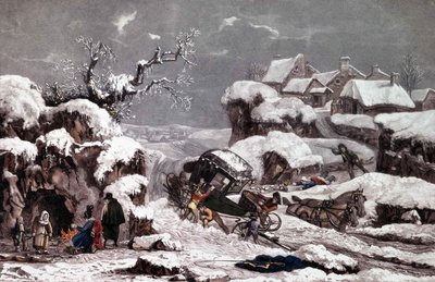 倒された馬車。フィリベール・ルイ・デビュクール（1755-1832）の作品とされる版画。個人蔵。 作： Philibert Louis Debucourt