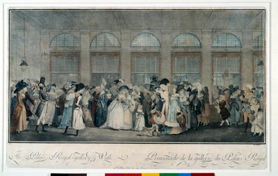1787年の王宮の回廊を歩く。ルイ・フィリベール・ドゥビュクール（1755-1832）のエングレーヴィング 作： Philibert Louis Debucourt