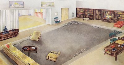 1930年代のインテリア。リビングルームと書斎（カラーリトグラフ 作： Philip Alexius de (after) Laszlo