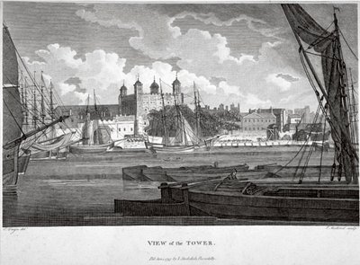 テムズ川にボートがあるロンドン塔の眺め、c1790 作： Philip Audinet