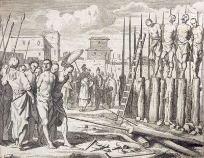 いくつかの反逆者の串刺し、罰：串刺しによる虐殺、パブ。 1672年。 作： Philip Baldaeus