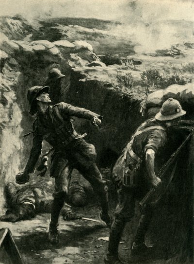 フォーショー中尉が爆弾を継続的に投げる、ガリポリ、第一次世界大戦、1915年、1920年。 作： Philip Dadd