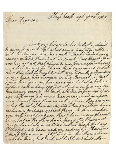1754年9月25日、ブラックヒースのソロモンデイロールへの直筆の手紙（紙にペンとインク） 作： Philip Dormer Stanhope Chesterfield