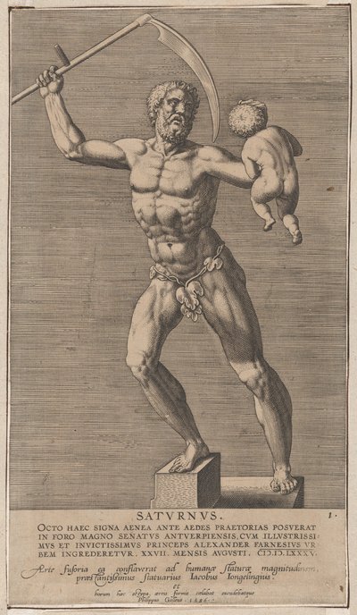 プレート 1: 土星、土台の上に立っている裸の神の像、右手に大鎌を持っている.1586 年. 作： Philip Galle